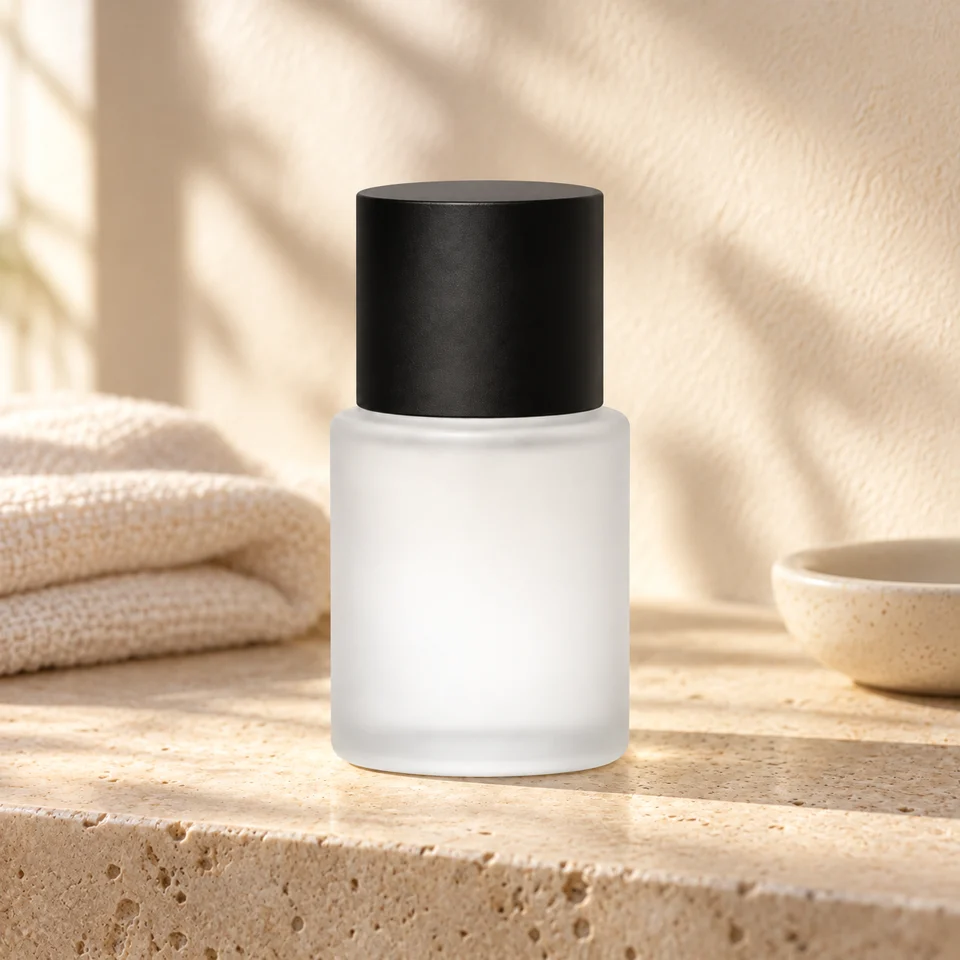 The same bottle on a sunlit stone bathroom ledge beside a folded towel