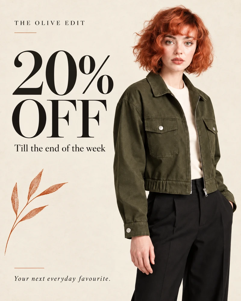 Instagram campaign: the copper-haired model in her olive jacket. 20% off till the end of the week.