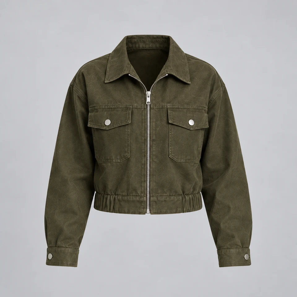 An olive zip jacket photographed on a plain studio background