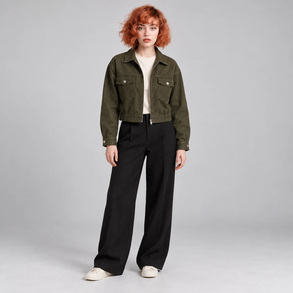 A copper-haired model wearing the same olive jacket, black trousers and cream sneakers