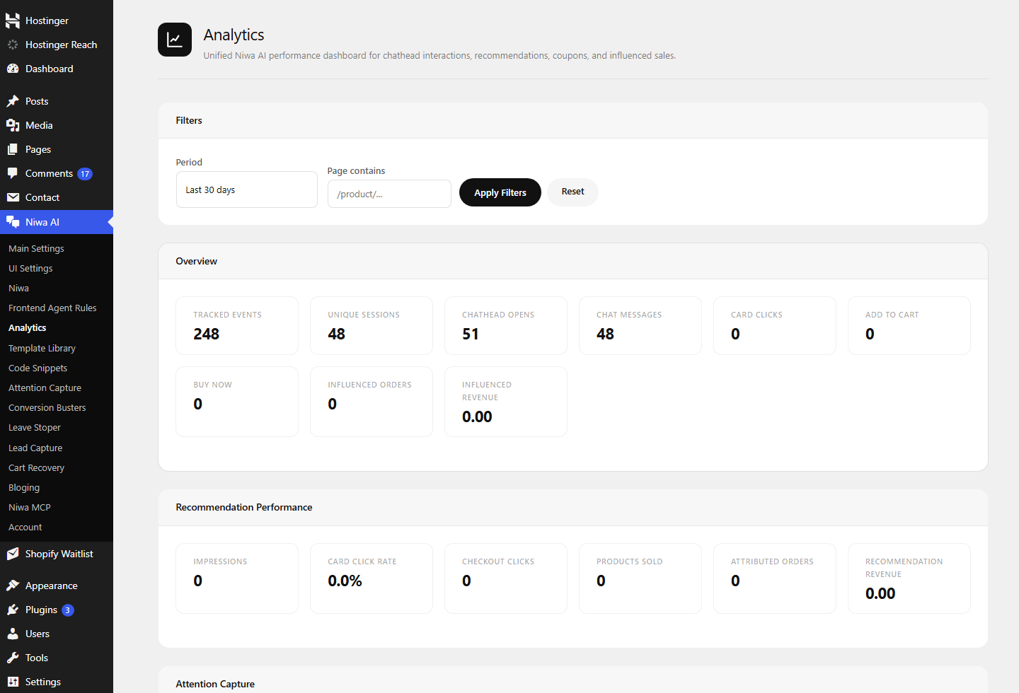 Niwa analytics dashboard showing customer interaction and recommendation activity