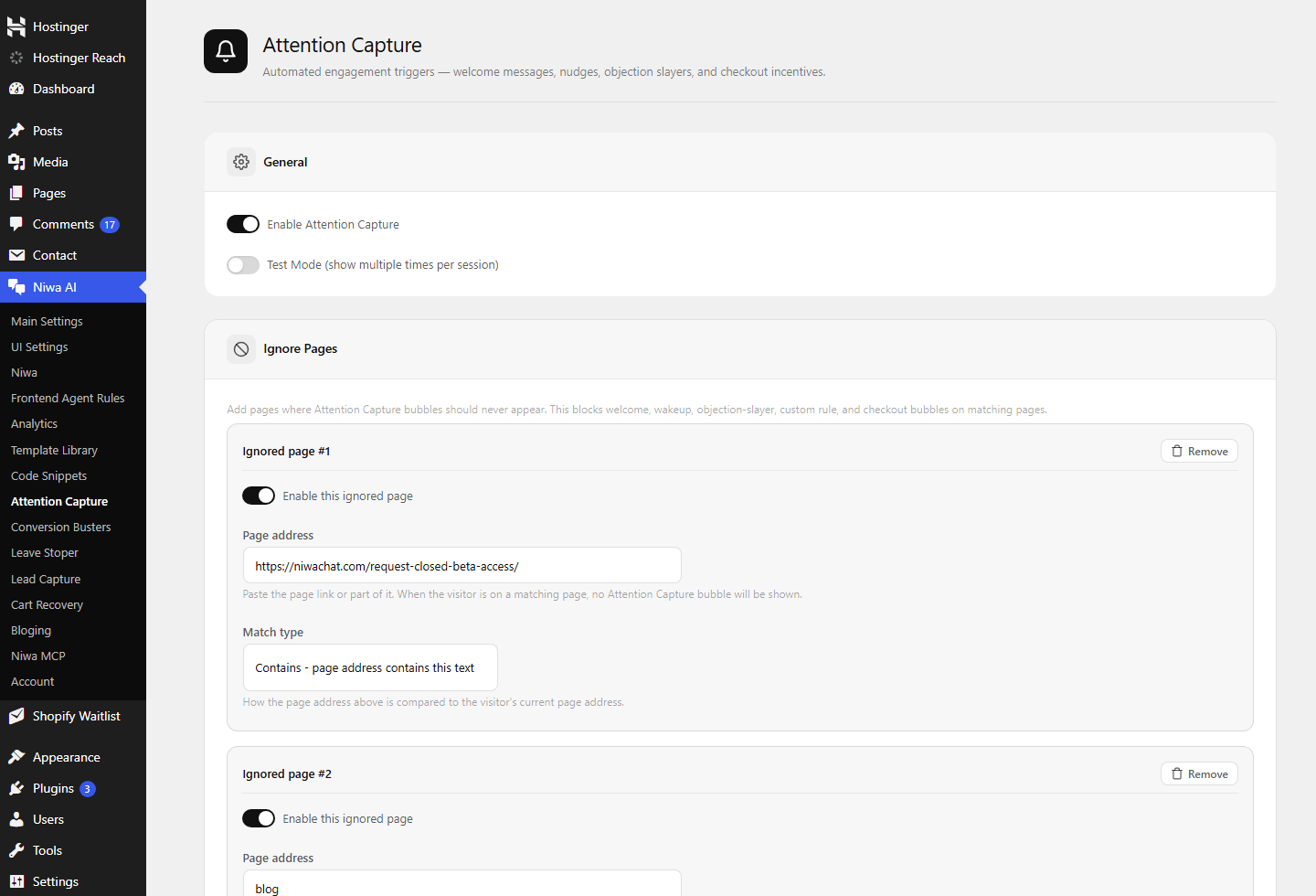 Niwa AI attention capture settings in WordPress