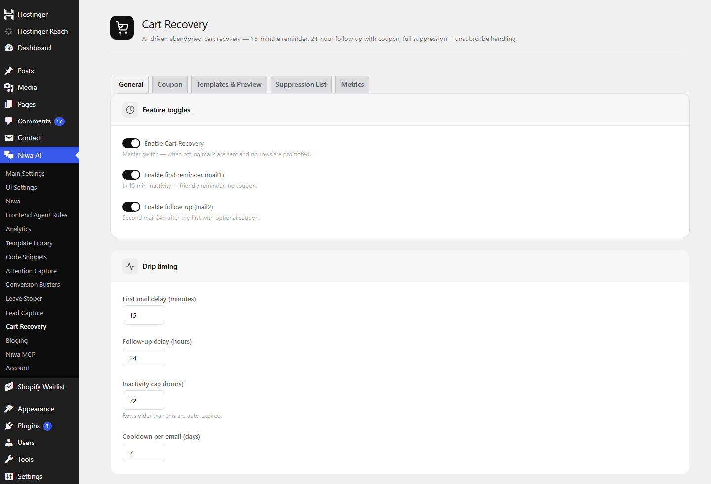 Niwa AI cart recovery settings
