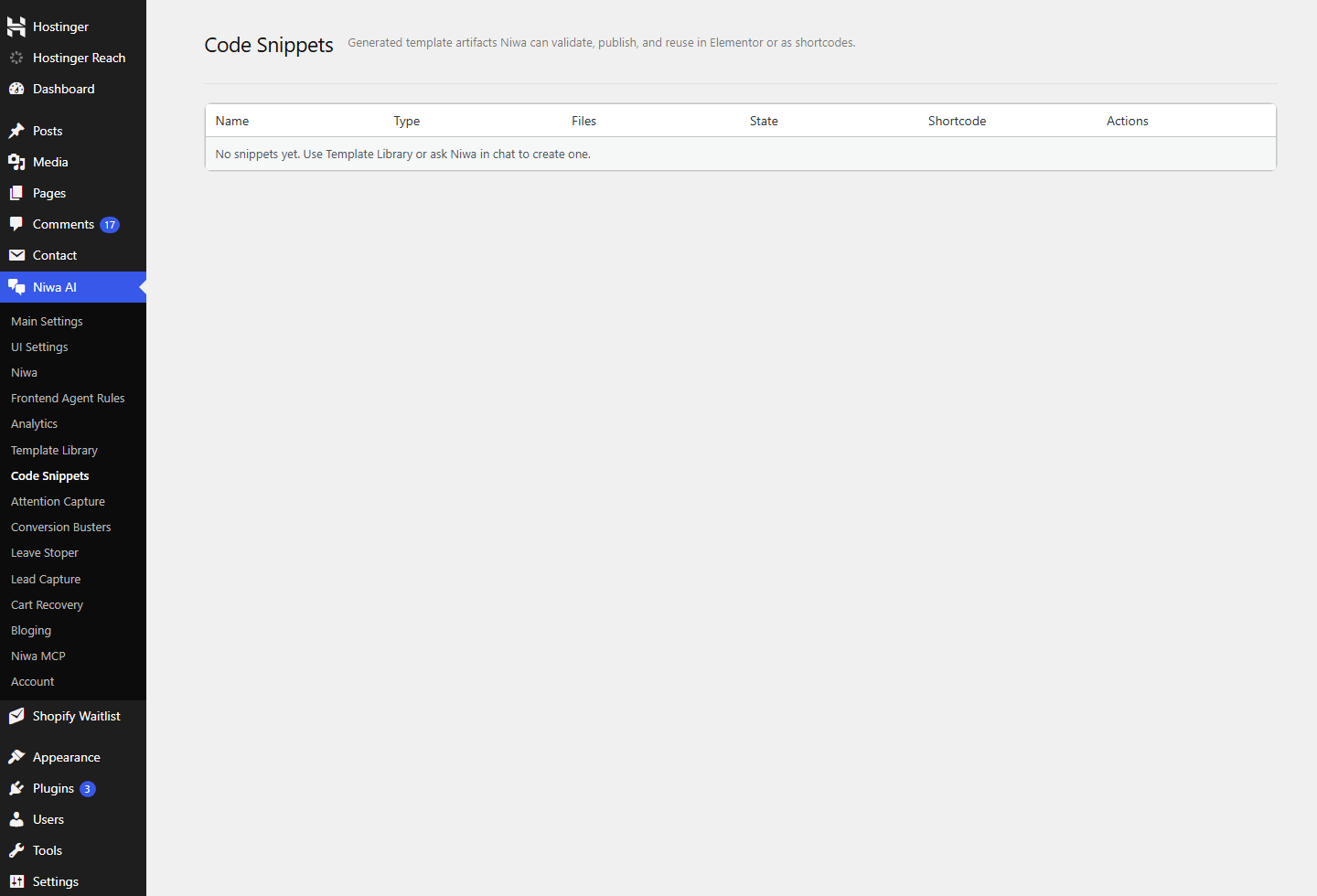 Niwa code snippet operations interface inside WordPress