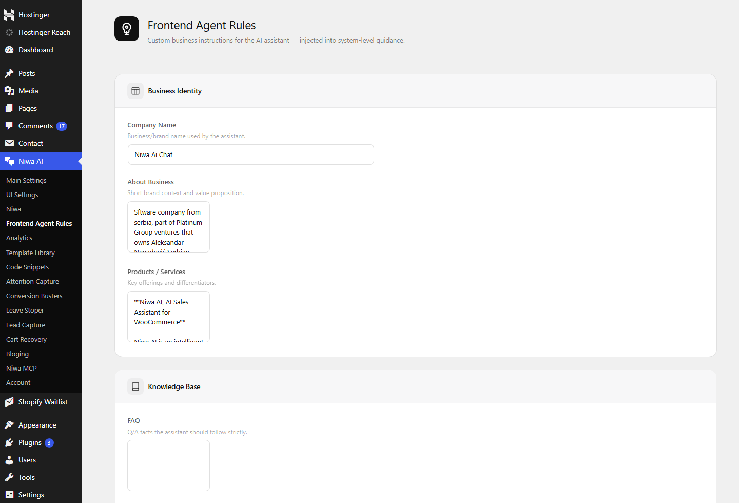 Niwa frontend agent rules in the WordPress dashboard
