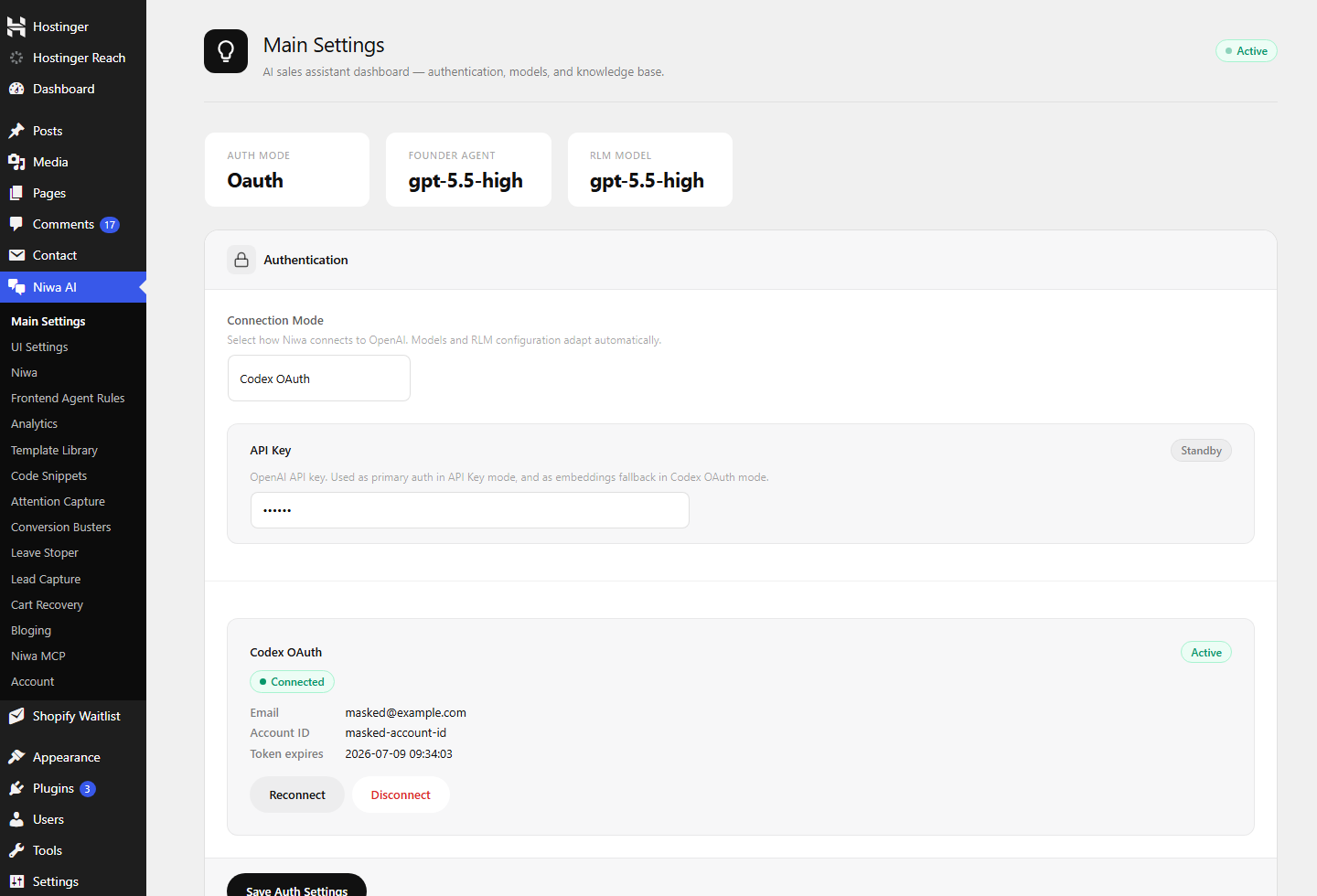 Niwa main settings and control boundary inside WordPress
