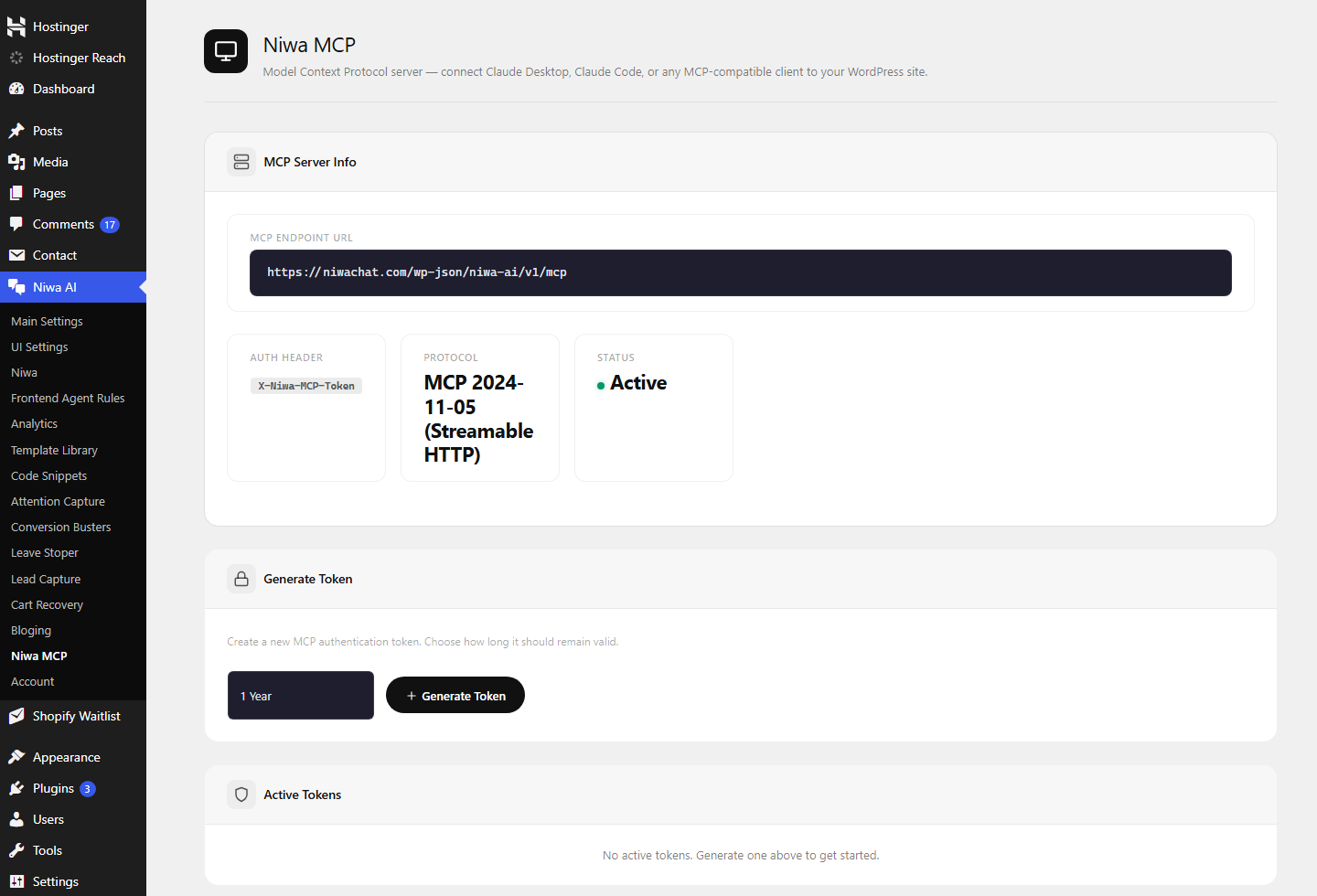 Niwa MCP tool connection controls inside WordPress