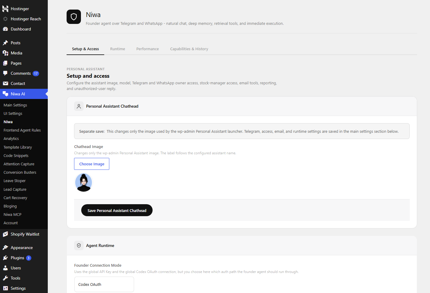 Niwa Personal Assistant controls inside WordPress