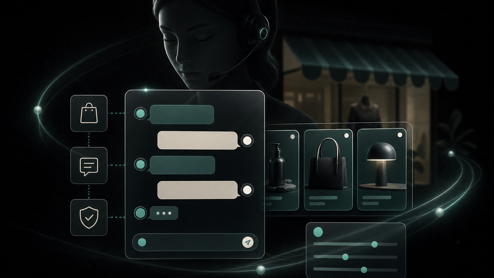 Dark Niwa AI storefront assistant guiding product conversations through glass chat and product cards