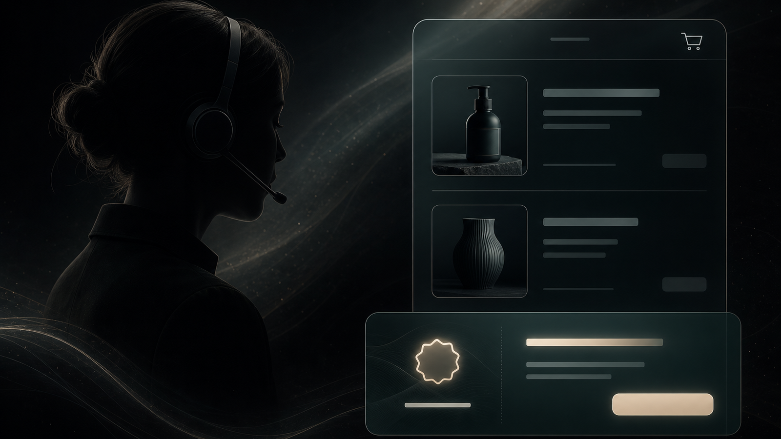 Dark Niwa AI operator with WooCommerce cart and checkout incentive cards in a premium glass interface