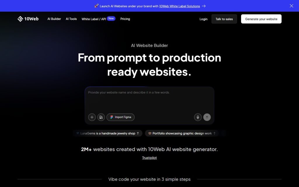 10Web vs Niwa AI: AI Website Builder or WordPress Business Operator?: official 10web.io website screenshot