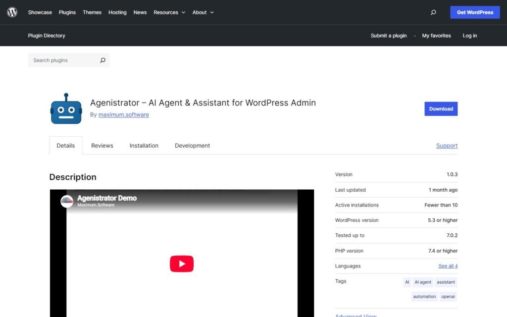 Agenistrator vs Niwa AI: Which WordPress AI Agent Fits Your Workflow?: official wordpress.org website screenshot