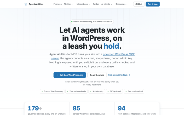 Agent Abilities for MCP official website describing governed WordPress access