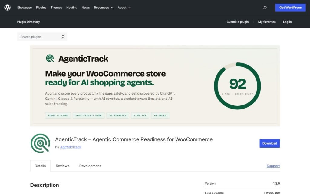 AgenticTrack vs Niwa AI: Agent Readiness or WordPress Operator?: official wordpress.org website screenshot
