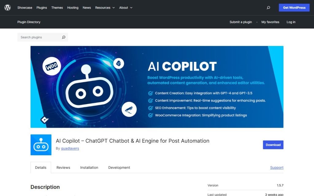 AI Copilot vs Niwa AI: Content Tool or WordPress Business Agent?: official wordpress.org website screenshot