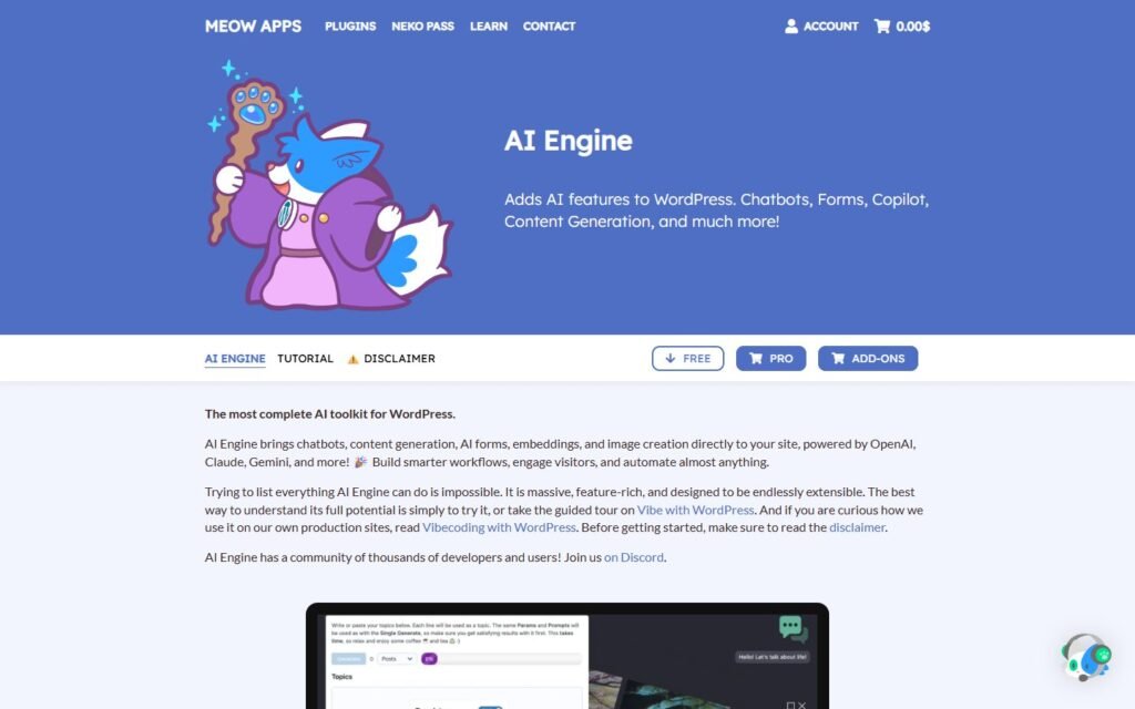 AI Engine vs Niwa AI: Which WordPress AI Agent Is Better?: official meowapps.com website screenshot