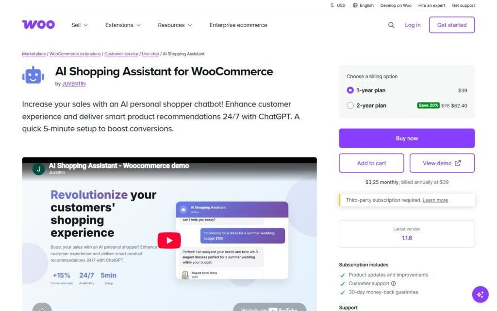 AI Shopping Assistant vs Niwa AI: Which WooCommerce Agent Fits You?: official woocommerce.com website screenshot