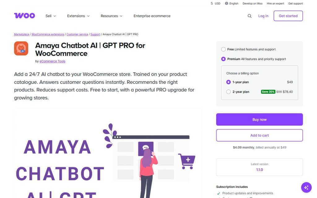 Amaya Chatbot AI vs Niwa AI: WooCommerce AI Compared: official woocommerce.com website screenshot