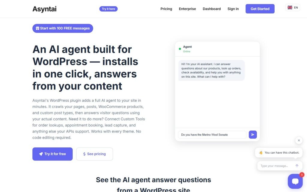 Asyntai vs Niwa AI: Which WordPress AI Agent Is Better?: official asyntai.com website screenshot