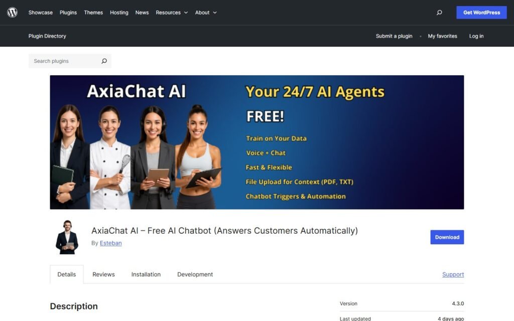 AxiaChat AI vs Niwa AI: Chatbot or WordPress Business Agent?: official wordpress.org website screenshot