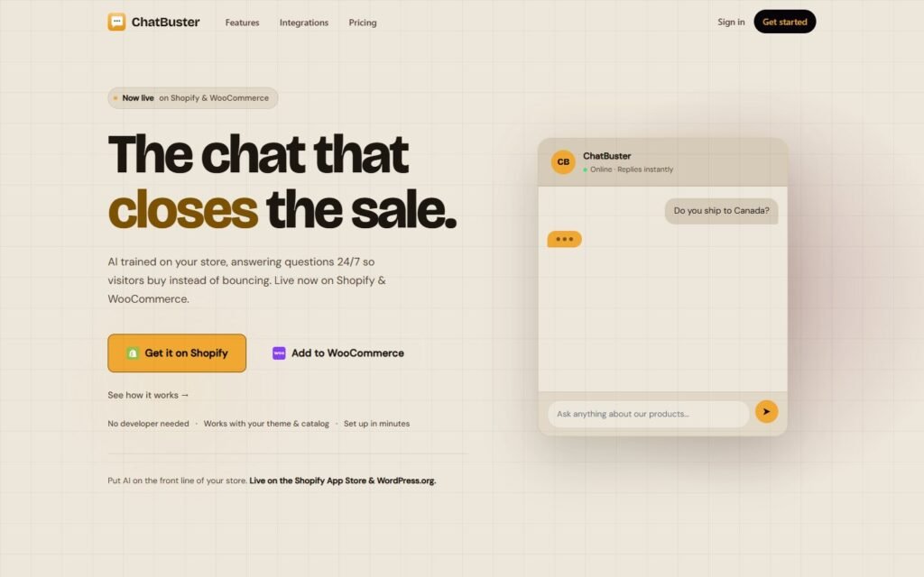 ChatBuster vs Niwa AI: WooCommerce Chatbot or Business Operator?: official chatbuster.com website screenshot