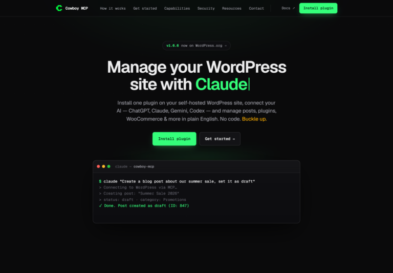 Cowboy MCP official website showing its WordPress management interface and client connections