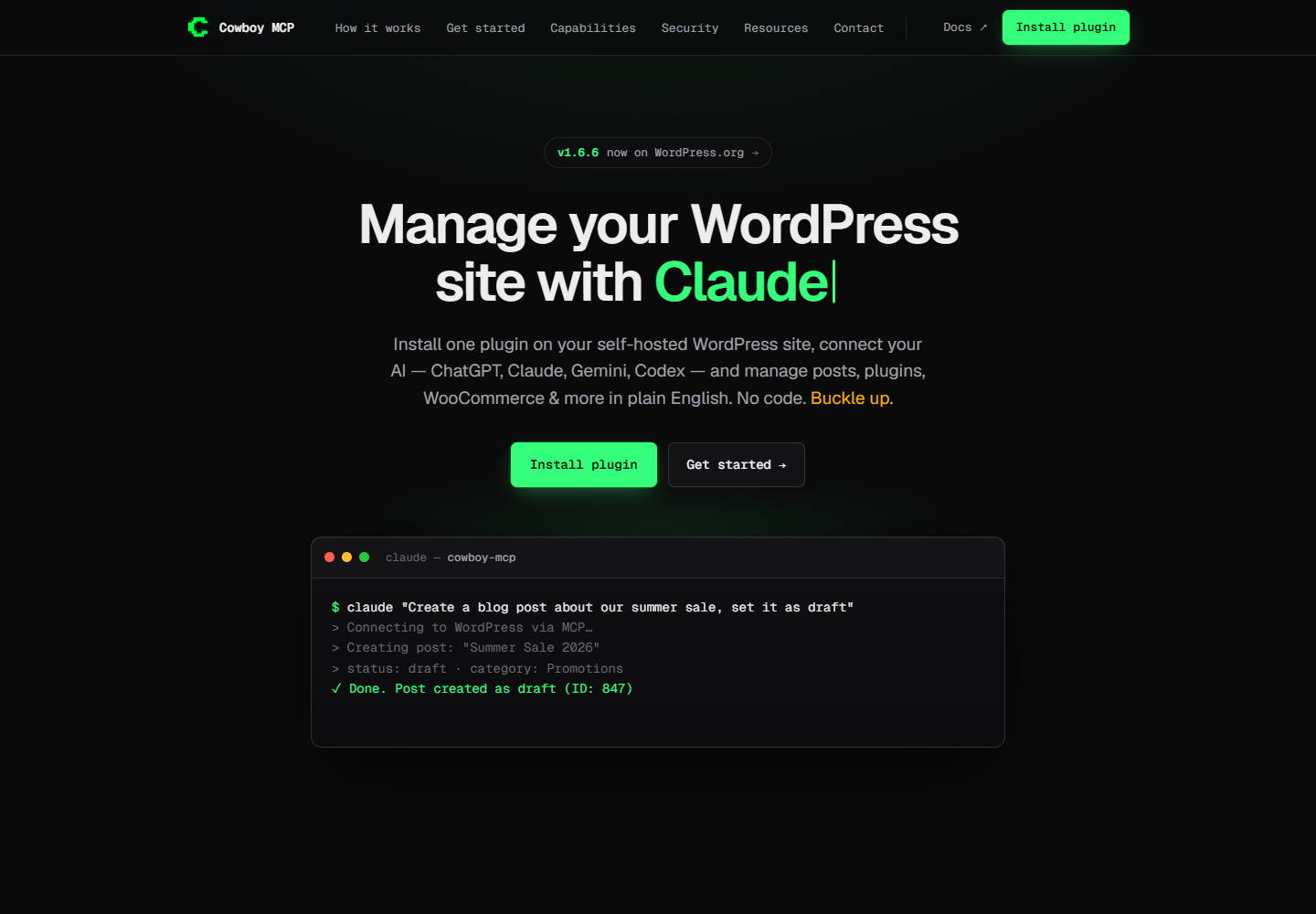 Cowboy MCP official website showing its WordPress management interface and client connections