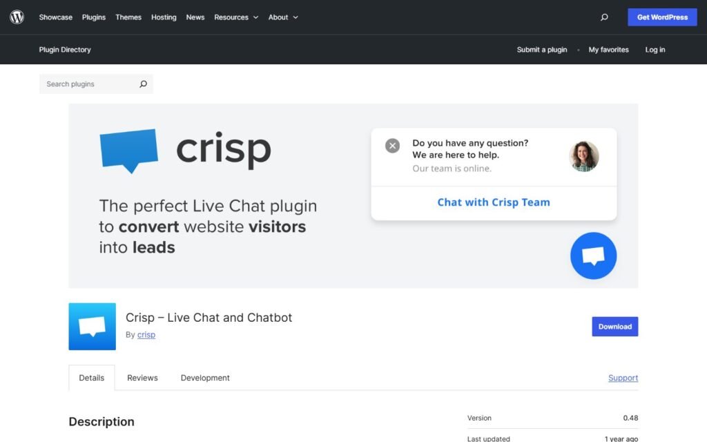 Crisp vs Niwa AI: Support Platform or WordPress Business Agent?: official wordpress.org website screenshot