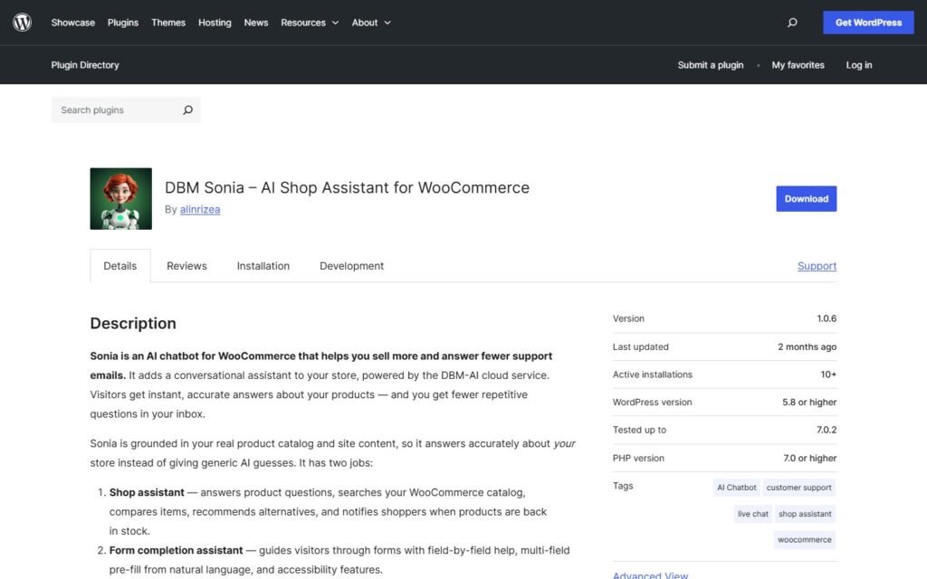 DBM Sonia vs Niwa AI: WooCommerce Shop Assistant or Business Operator?: official wordpress.org website screenshot