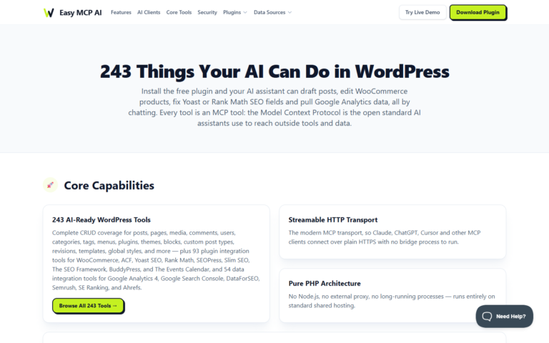 Easy MCP AI official features page showing WordPress tools and MCP transport