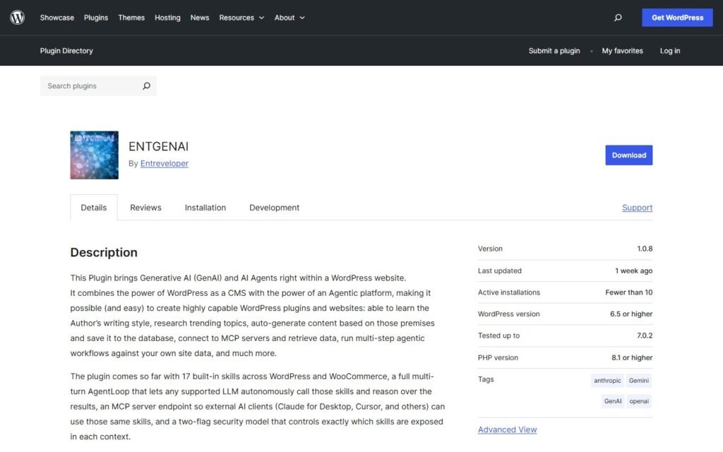 ENTGENAI vs Niwa AI: Which WordPress AI Agent Fits Your Business?: official wordpress.org website screenshot