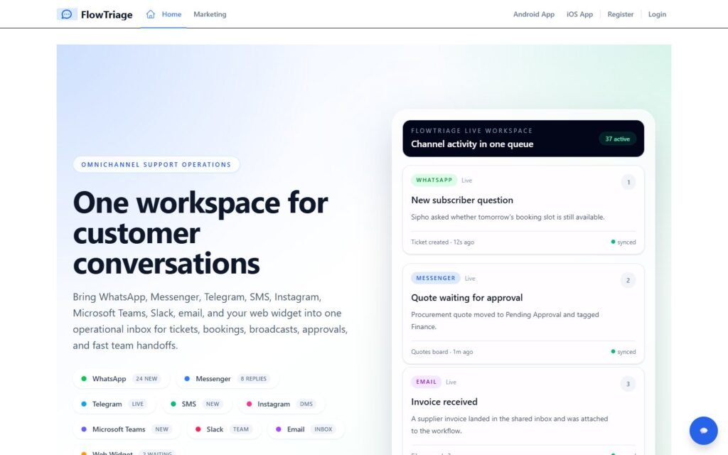 FlowTriage vs Niwa AI: WhatsApp Commerce or WordPress Operator?: official flowtriage.com website screenshot
