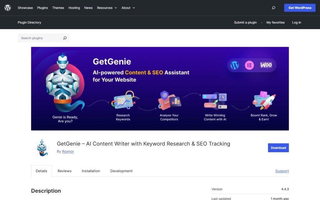 GetGenie AI vs Niwa AI: SEO Writer or WordPress Business Agent?: official wordpress.org website screenshot