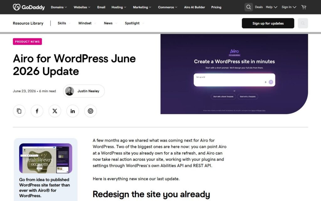 GoDaddy Airo for WordPress vs Niwa AI: Which AI Agent Fits You?: official www.godaddy.com website screenshot