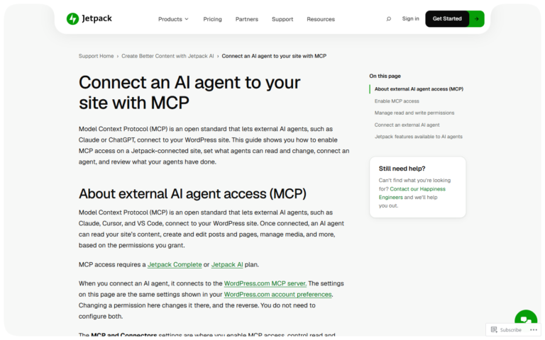 Jetpack official guide to connecting an AI agent with MCP and enabling access