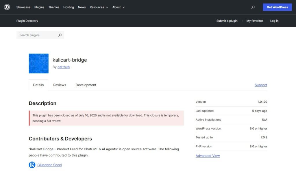KaliCart Bridge vs Niwa AI: Catalog Feed or WordPress Agent?: official wordpress.org website screenshot