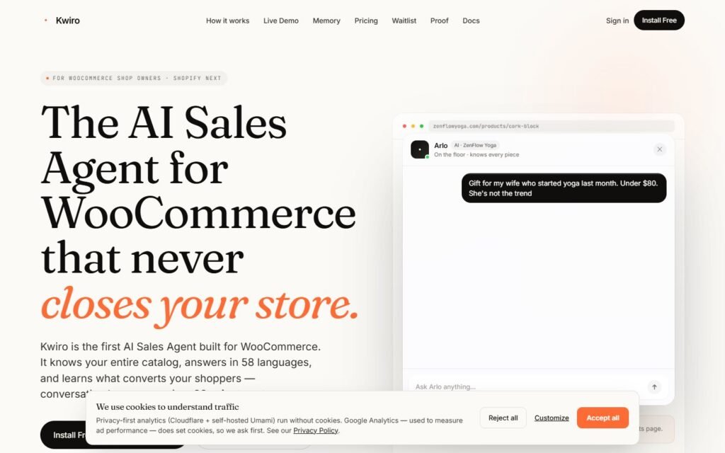 Kwiro vs Niwa AI: WooCommerce Sales Agent or WordPress Operator?: official kwiro.ai website screenshot