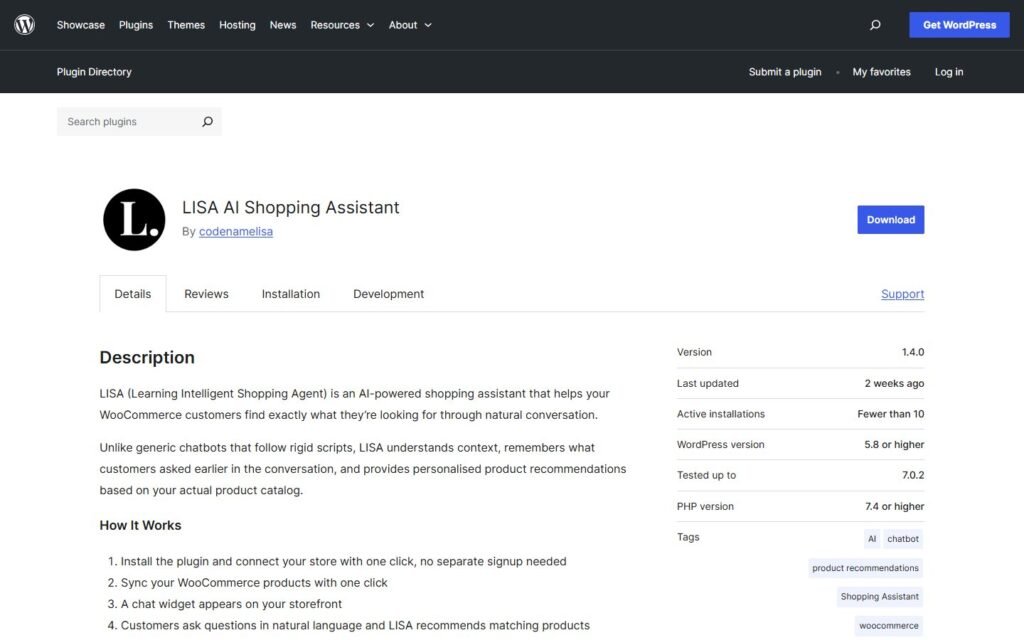 LISA AI vs Niwa AI: Pet Store Shopping Agent or WordPress Operator?: official wordpress.org website screenshot