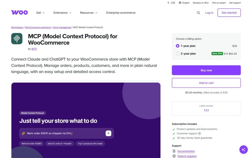 MCP for WooCommerce vs Niwa AI: Connector or Business Agent?: official woocommerce.com website screenshot