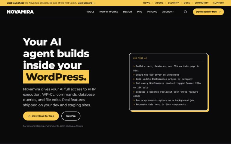Novamira official website showing its WordPress AI connection and development tools