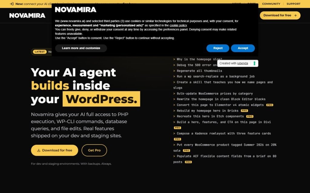 Novamira vs Niwa AI: WordPress Developer Agent or Business Operator?: official novamira.ai website screenshot