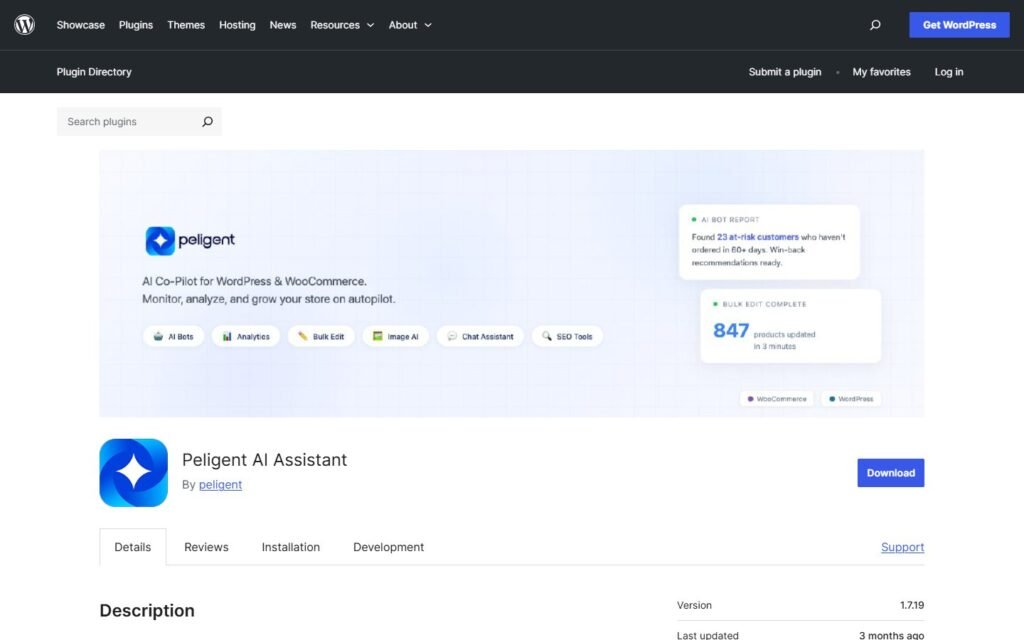 Peligent vs Niwa AI: WooCommerce Copilot or Business Agent?: official wordpress.org website screenshot