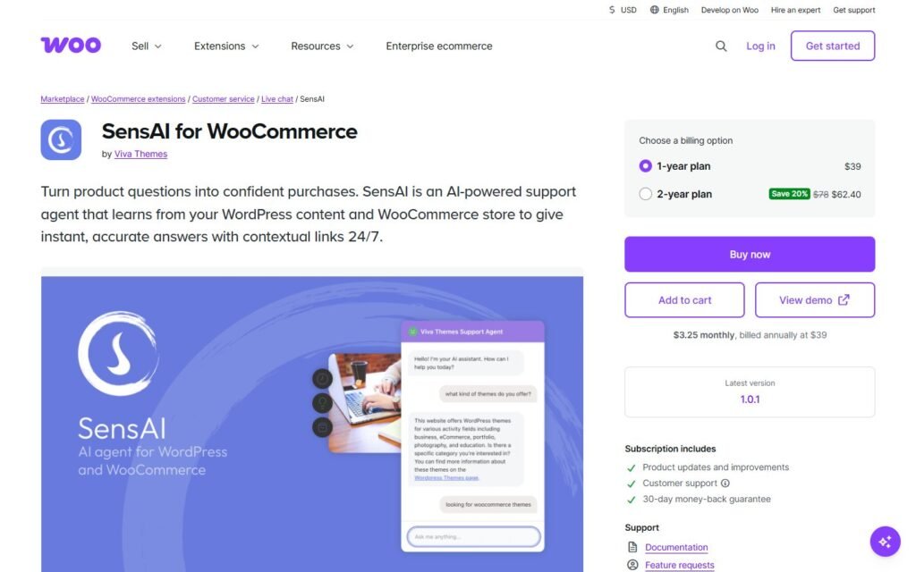 SensAI vs Niwa AI: WooCommerce Support Agent or Business Operator?: official woocommerce.com website screenshot