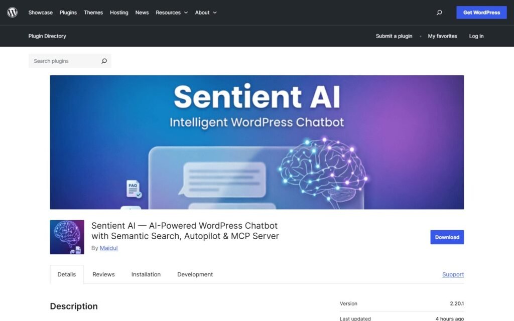 Sentient AI vs Niwa AI: WordPress Chatbot or Business Operator?: official wordpress.org website screenshot