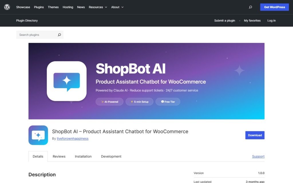 ShopBot AI vs Niwa AI: WooCommerce Chatbot or Business Operator?: official wordpress.org website screenshot