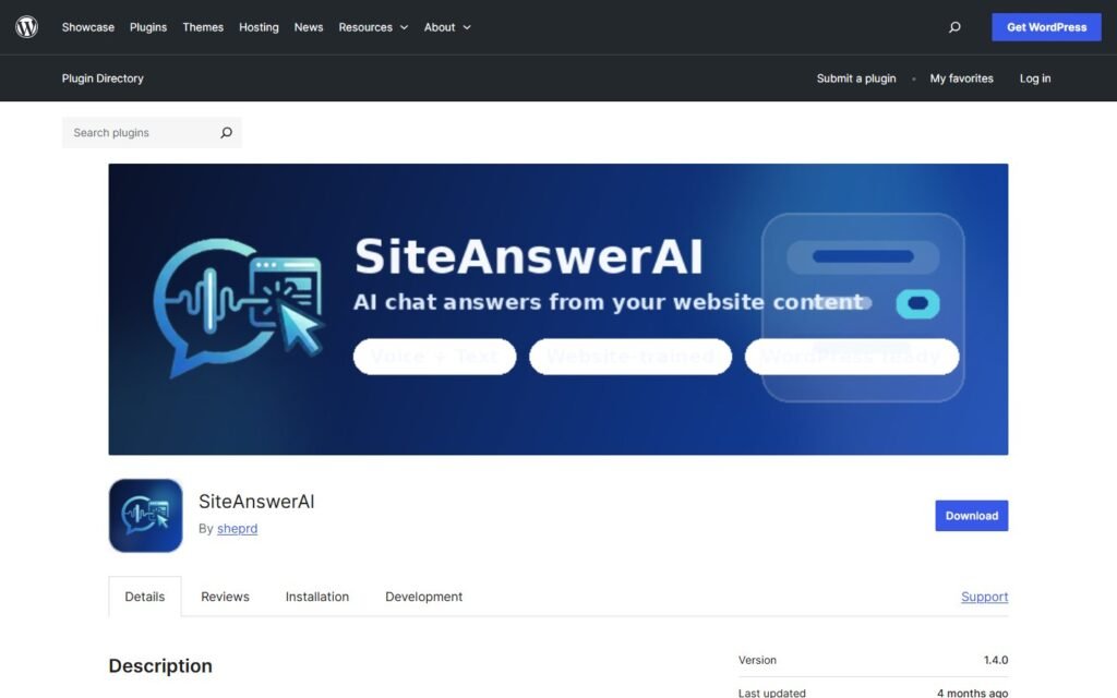 SiteAnswerAI vs Niwa AI: WordPress Chatbot or Business Operator?: official wordpress.org website screenshot