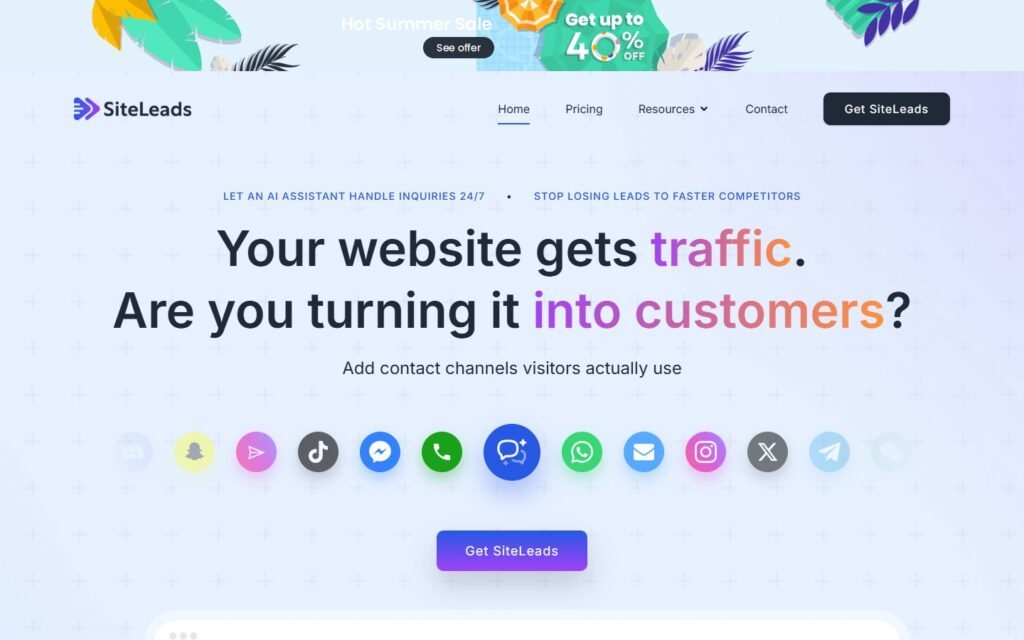 SiteLeads vs Niwa AI: Lead Widget or WordPress Business Agent?: official siteleads.ai website screenshot