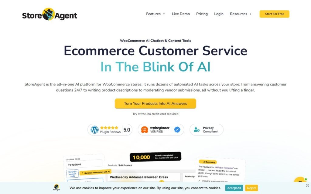 StoreAgent vs Niwa AI: Which WooCommerce AI Agent Fits Your Store?: official storeagent.ai website screenshot
