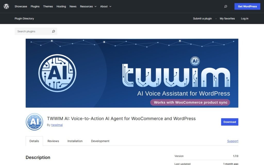TWWIM AI vs Niwa AI: Voice Commerce or WordPress Business Agent?: official wordpress.org website screenshot