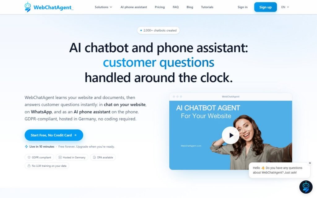 WebChatAgent vs Niwa AI: WordPress Chatbot or Business Operator?: official webchatagent.com website screenshot